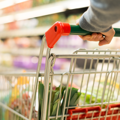 Close up photo of person's hands pushing a grocery trolley 