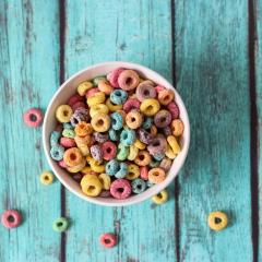 Bowl of multicoloured round cereals